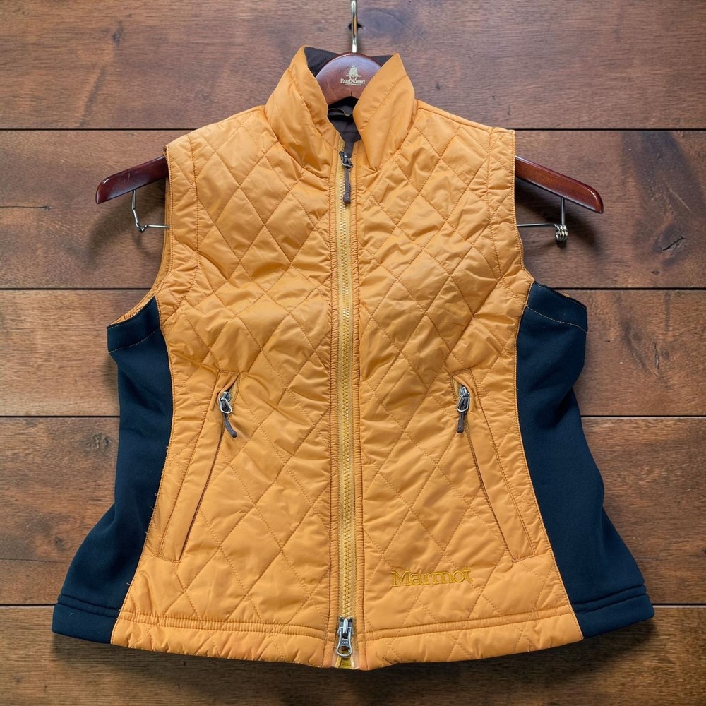 Marmot Womens S Quilted Full Zip Vest Mustard Yellow Black Stretch Side Panels